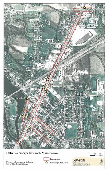 Map showing Downtown Flat Rock DDA district boundaries.