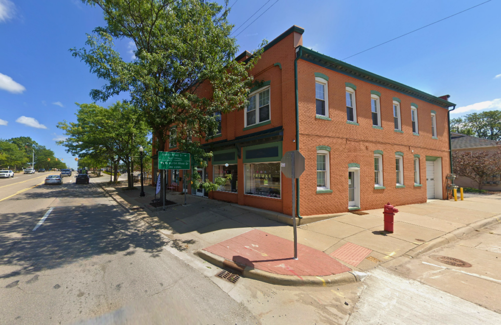 Downtown Flat Rock Michigan streetscape with local businesses.